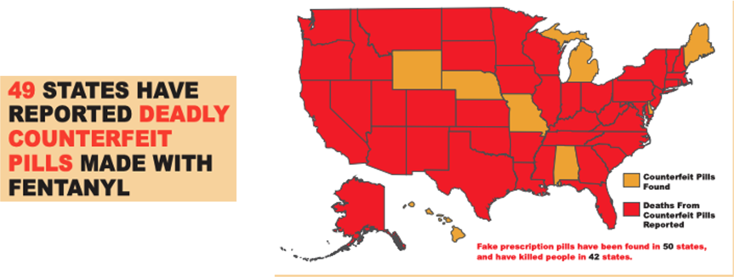 Map showing that deadly counterfeit pills made with fentanyl are 49 states.