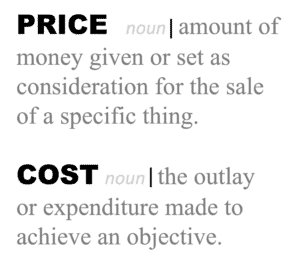 chart defines price as transactional and cost as value based
